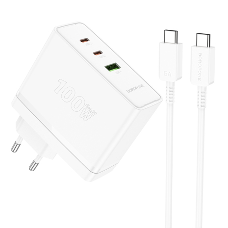 Зарядний пристрій Borofone BN11 USB/2 Type-C PD 100W білий + кабель Type-C to Type-C Зарядний пристрій Borofone BN11 USB/2 Type-C PD 100W білий + кабель Type-C to Type-C