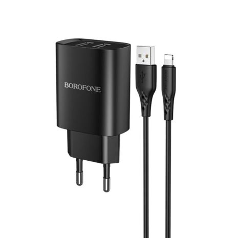 Мережевий зарядний пристрій Borofone BN2, 2 USB, чорний, кабель USB to Lightning Мережевий зарядний пристрій Borofone BN2, 2 USB, чорний, кабель USB to Lightning