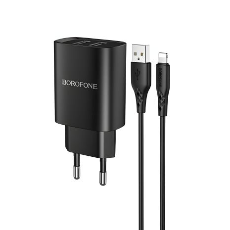 Мережевий зарядний пристрій Borofone BN2, 2 USB роз'єми, чорний, з кабелем USB to Lightning