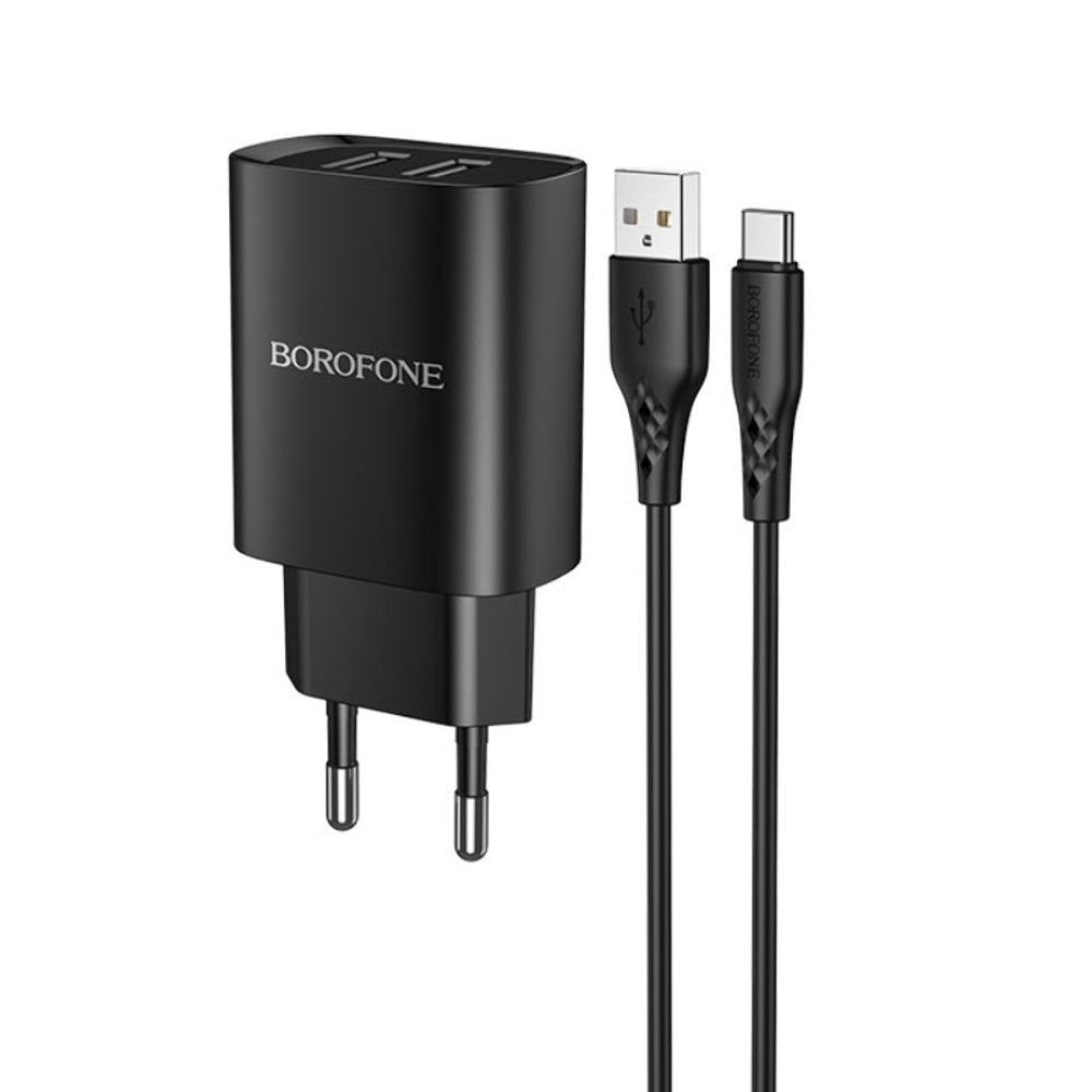 Мережевий зарядний пристрій Borofone BN2, 2 USB, чорний, кабель USB to Type-C Мережевий зарядний пристрій Borofone BN2, 2 USB, чорний, кабель USB to Type-C