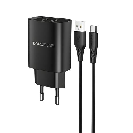 Черное сетевое зарядное устройство Borofone BN2 с 2 USB + кабель USB to Type-C