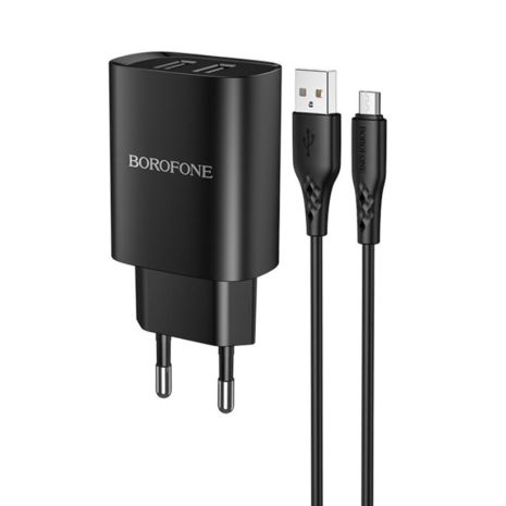 Мережевий зарядний пристрій Borofone BN2, 2 USB, чорний, кабель USB to MicroUSB Мережевий зарядний пристрій Borofone BN2, 2 USB, чорний, кабель USB to MicroUSB