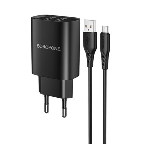 Мережевий зарядний пристрій Borofone BN2, 2 USB, чорний, кабель USB to MicroUSB Мережевий зарядний пристрій Borofone BN2, 2 USB, чорний, кабель USB to MicroUSB