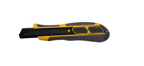 Ніж будівельний з лезом, що відламується, 18 мм, ABS пластик з TPR покриттям, металева напрямна, кнопковий фіксатор/безпечне лезо MASTERTOOL 17-0120