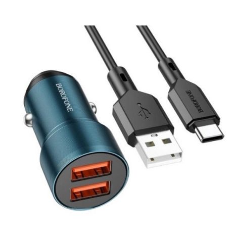 Автомобільний зарядний пристрій Borofone BZ19 Wisdom, кабель USB to Type C, 2.4A, Сапфірово-синій Автомобільний зарядний пристрій Borofone BZ19 Wisdom, кабель USB to Type C, 2.4A, Сапфірово-синій