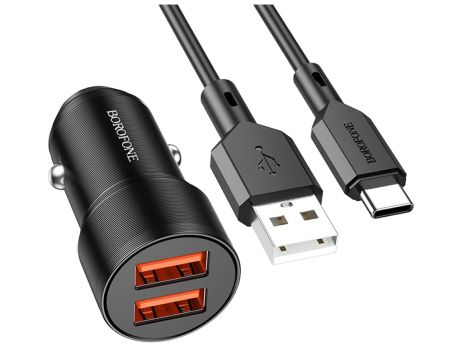 Автомобільний зарядний пристрій Borofone BZ19 Wisdom, кабель USB to Type-C, 2.4A, Чорний Автомобільний зарядний пристрій Borofone BZ19 Wisdom, кабель USB to Type-C, 2.4A, Чорний