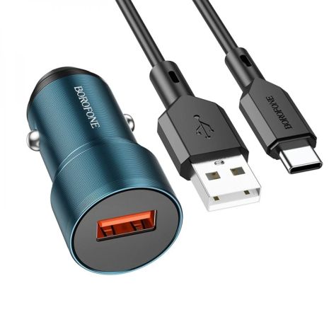 Автомобільний зарядний пристрій Borofone BZ19A Wisdom, QC3.0, 18W, кабель Type C, Сапфірово-синій Автомобільний зарядний пристрій Borofone BZ19A Wisdom, QC3.0, 18W, кабель Type C, Сапфірово-синій