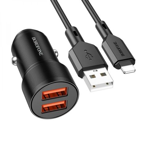 Автомобільний зарядний пристрій Borofone BZ19 Wisdom, кабель USB to Lightning, 2.4A, Чорний