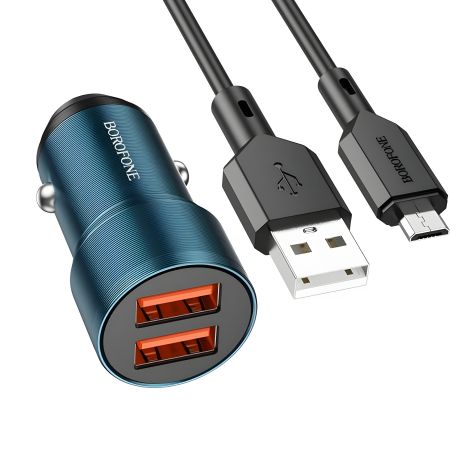 Автомобільний зарядний пристрій Borofone BZ19 Wisdom, кабель USB to MicroUSB, 2.4A, Сапфірово-синій Автомобільний зарядний пристрій Borofone BZ19 Wisdom, кабель USB to MicroUSB, 2.4A, Сапфірово-синій