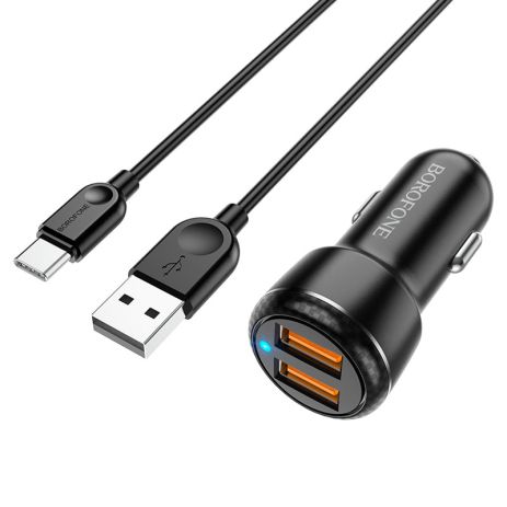 Автомобільний зарядний пристрій Borofone BZ17, QC3.0, 18W, кабель USB to Type-C, Чорний Автомобільний зарядний пристрій Borofone BZ17, QC3.0, 18W, кабель USB to Type-C, Чорний