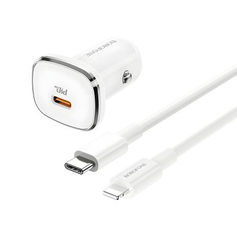 Автомобільний зарядний пристрій Borofone BZ12B, Type-C, PD, кабель Type-C to Lightning, білий