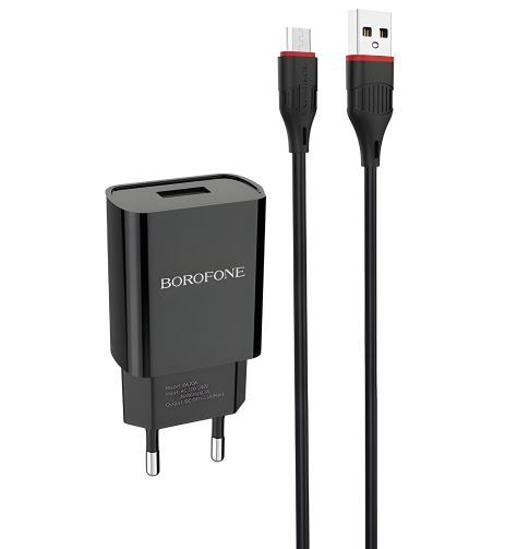 Мережевий зарядний пристрій Borofone BA20A, кабель USB to MicroUSB, 1USB, 2.1A, Black мобільний