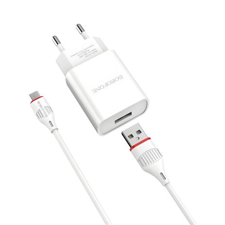 Мережевий зарядний пристрій Borofone BA20A з кабелем USB to MicroUSB, 1USB, 2.1A, White