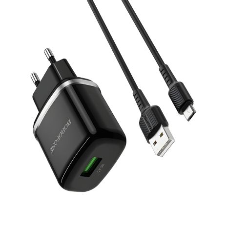 Мережевий зарядний пристрій Borofone BA36A з кабелем USB to MicroUSB, QC3.0, Black