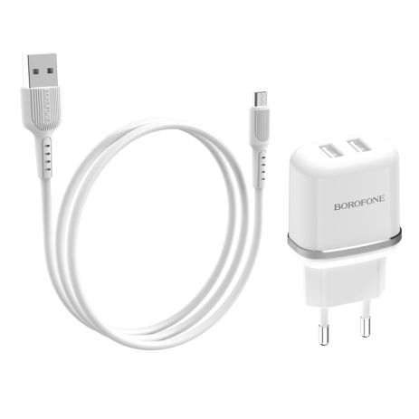 Мережевий зарядний пристрій Borofone BA25A, кабель USB to MicroUSB, 2 USB, 2.4A, White Мережевий зарядний пристрій Borofone BA25A, кабель USB to MicroUSB, 2 USB, 2.4A, White