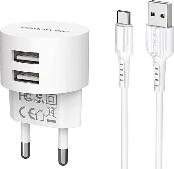 Мережевий зарядний пристрій Borofone BA23A, 2 USB, 2.4А, білий, кабель USB to Type-C Мережевий зарядний пристрій Borofone BA23A, 2 USB, 2.4А, білий, кабель USB to Type-C