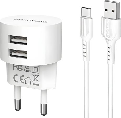 Зарядний пристрій Borofone BA23A 2 USB 2.4А, білий з кабелем USB to Type-C Зарядний пристрій Borofone BA23A 2 USB 2.4А, білий з кабелем USB to Type-C