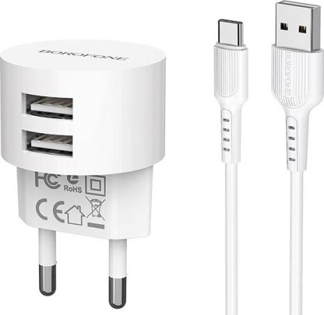 Мережевий зарядний пристрій Borofone BA23A, 2 USB, 2.4А, білий, кабель USB to Type-C Мережевий зарядний пристрій Borofone BA23A, 2 USB, 2.4А, білий, кабель USB to Type-C
