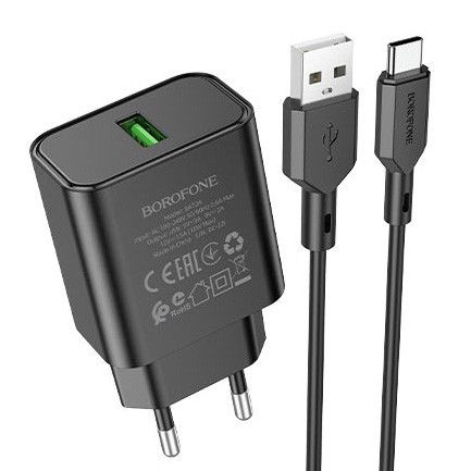 Мережевий зарядний пристрій Borofone BA72A Spring, QC3.0, кабель USB to Type-C, Чорний Мережевий зарядний пристрій Borofone BA72A Spring, QC3.0, кабель USB to Type-C, Чорний