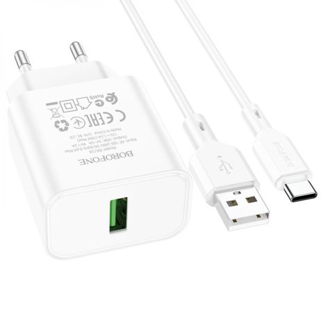 Мережевий зарядний пристрій Borofone BA72A Spring, QC3.0, кабель USB to Type-C, Білий Мережевий зарядний пристрій Borofone BA72A Spring, QC3.0, кабель USB to Type-C, Білий