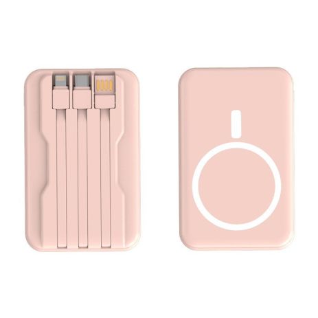 Rotbank Magsafe 10000 MA · G LX-DX126 с магнитной беспроводной зарядкой, светодиодным дисплеем и встроенными кабелями (Lightning/Type-C/USB) розовый