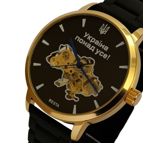 Мужские часы Besta Skeleton Gold Black Metal, 2 ремешка 2162