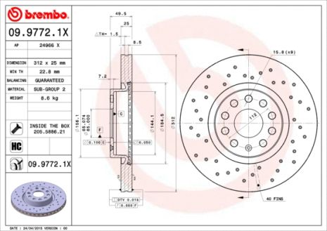 Диск гальмівний AUDI (FAW), SKODA (SVW), BREMBO (0997721X)