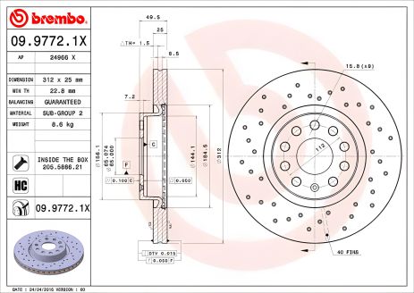 Тормозной диск AUDI (FAW), SKODA (SVW), BREMBO (0997721X)