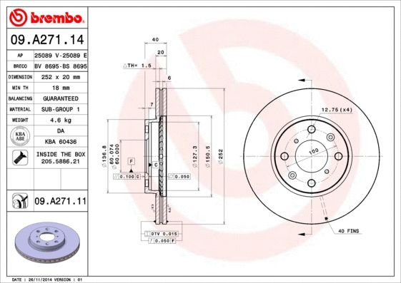 Диск тормозной SUZUKI (CHANGHE), VAUXHALL AGILA, BREMBO (09A27114) Диск тормозной SUZUKI (CHANGHE), VAUXHALL AGILA, BREMBO (09A27114)