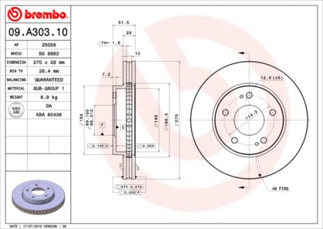 Диск тормозной MITSUBISHI (SOUEAST), BREMBO (09A30310) Диск тормозной MITSUBISHI (SOUEAST), BREMBO (09A30310)
