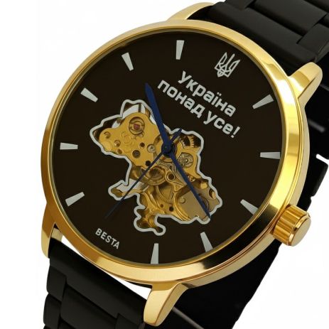 Мужские часы Besta Skeleton Gold Black Metal, 2 ремешка 2162