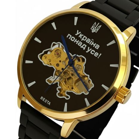 Мужские часы Besta Skeleton Gold Black Metal, 2 ремешка 2162