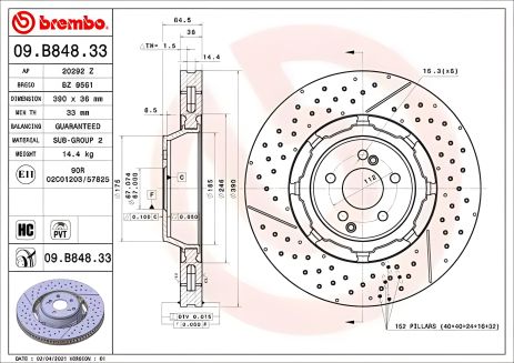 Гальмівний диск для MERCEDES-BENZ AMG, BREMBO (09B84833)