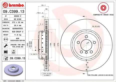 Тормозной диск на BMW (BRILLIANCE), BREMBO (09C39913)