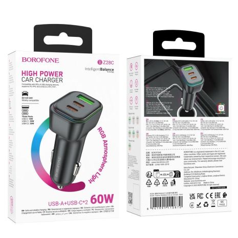 Автозарядний пристрій Borofone BZ28C 1USB/2USB-C QC/PD 60W Колір Чорний Автозарядний пристрій Borofone BZ28C 1USB/2USB-C QC/PD 60W Колір Чорний