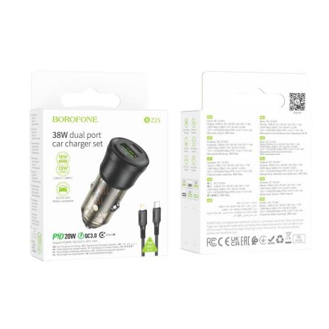 Автозарядний пристрій Borofone BZ25 1 USB/1USB-C QC/PD38W+Type-C to Lightning Колір Прозоро-чорний Автозарядний пристрій Borofone BZ25 1 USB/1USB-C QC/PD38W+Type-C to Lightning Колір Прозоро-чорний