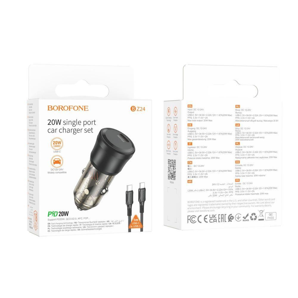 Автозарядний пристрій Borofone BZ24 1USB-C QC/PD20W+Type-C to Type-C Колір Прозоро-чорний Автозарядний пристрій Borofone BZ24 1USB-C QC/PD20W+Type-C to Type-C Колір Прозоро-чорний