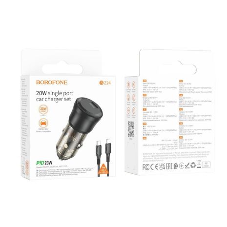 Автозарядний пристрій Borofone BZ24 1USB-C QC/PD20W+Type-C to Type-C Колір Прозоро-чорний Автозарядний пристрій Borofone BZ24 1USB-C QC/PD20W+Type-C to Type-C Колір Прозоро-чорний