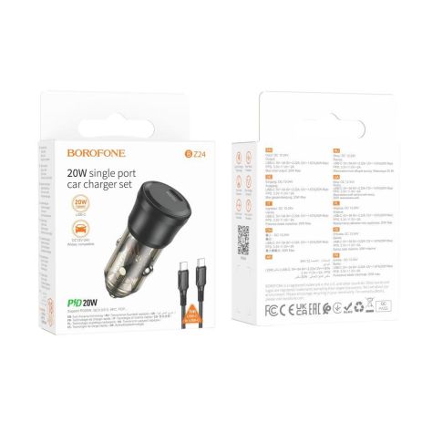 Автозарядний пристрій Borofone BZ24 1USB-C QC/PD20W+Type-C to Type-C Колір Прозоро-чорний Автозарядний пристрій Borofone BZ24 1USB-C QC/PD20W+Type-C to Type-C Колір Прозоро-чорний