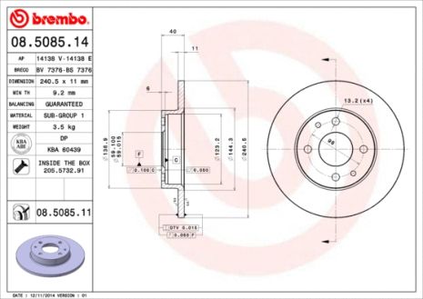 Диск тормозной FORD KA, YUGO SANA, BREMBO (08508514) Диск тормозной FORD KA, YUGO SANA, BREMBO (08508514)