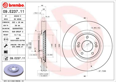 Тормозной диск INOKOM SANTA, KIA (DYK), BREMBO (09E23711)