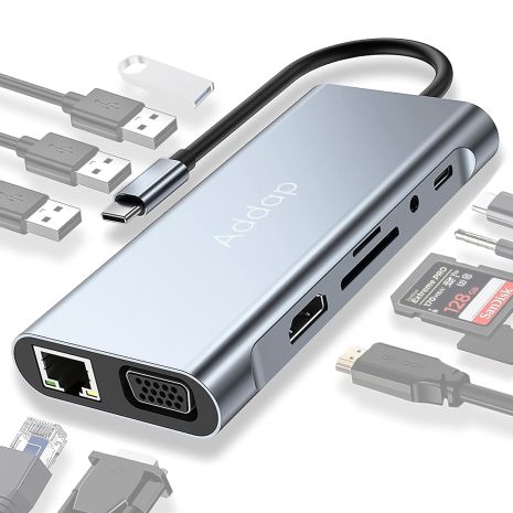 11в1 Type-C хаб для ноутбука Addap MH-13, многофункциональный разветвитель: 4 x USB 3.0 + Type-C + HDMI + VGA + Ethernet + SD + MicroSD + 3.5mm 11в1 Type-C хаб для ноутбука Addap MH-13, многофункциональный разветвитель: 4 x USB 3.0 + Type-C + HDMI + VGA + Ethernet + SD + MicroSD + 3.5mm