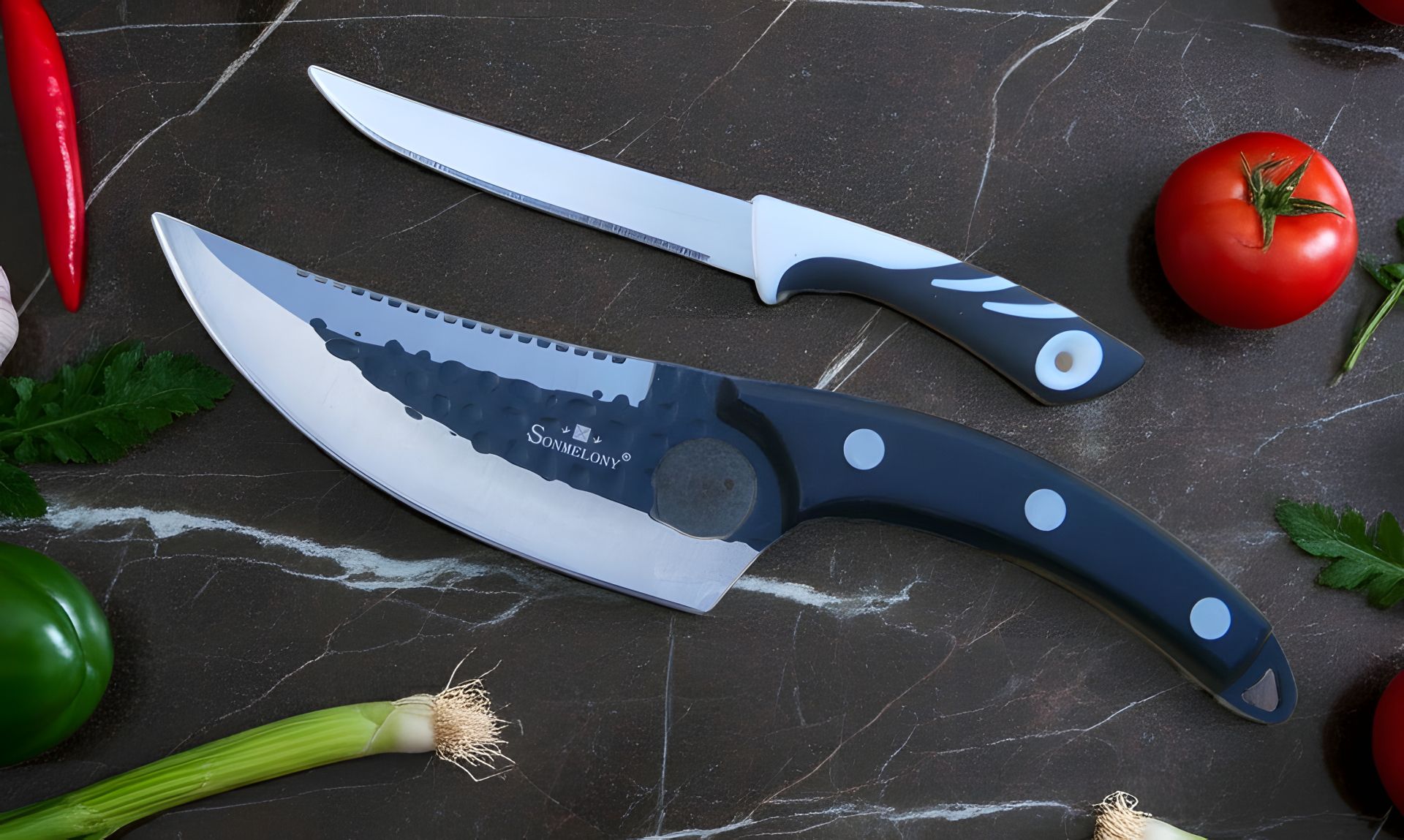 Шеф-нож Sonmelony Chef K-03A с серейтором 27 см + подарочный кухонный нож Tramontina 20 см Шеф-нож Sonmelony Chef K-03A с серейтором 27 см + подарочный кухонный нож Tramontina 20 см