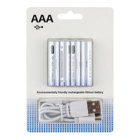 Аккумуляторные Батарейки AAA (Li-ion) 1000mWh с разъемом (бокс 4шт с кабелем 1х4 в комплекте) Характеристики AAA Аккумуляторные Батарейки AAA (Li-ion) 1000mWh с разъемом (бокс 4шт с кабелем 1х4 в комплекте) Характеристики AAA