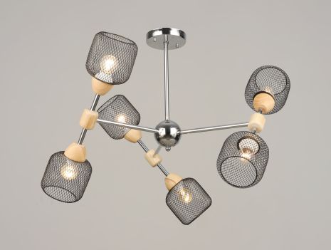 Люстра потолочная на 6 плафонов VALESO K2347/6, патрон E27, подвесная, Хром+Дерево K2347/6