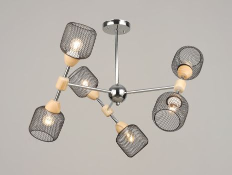 Люстра стельова на 6 плафонів VALESO K2347/6, патрон E27, підвісна, Хром+Дерево K2347/6