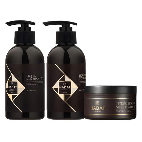 Набір "Рідкий Шовк" Hadat Liquid Silk TRIO: шампунь, кондиціонер, маска для відновлення блиску та гладкості волосся 2х250/300мл