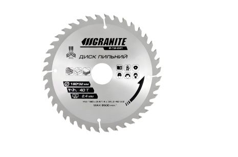 Пильний диск по дереву з твердосплавними напайками 180х32х40Т адаптер 32-30 8400 об/хв MASTERTOOL 5-18-041