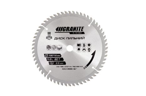 Пильний диск з твердосплавними напайками для дерева 190х16х60Т 8000 об/хв MASTERTOOL 5-19-060