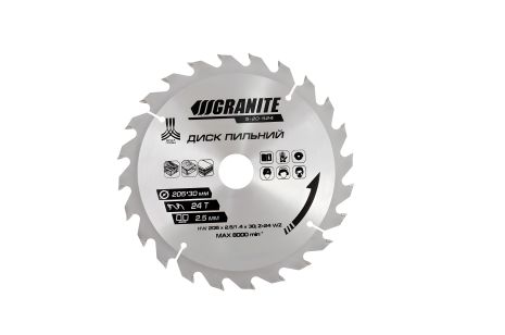 Пильный диск для древесины с твердосплавными напайками 205х30х24Т и адаптером 30-25.4, 7450 об/мин, MASTERTOOL 5-20-524